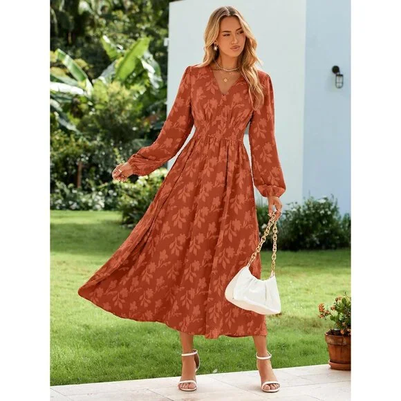 Womens Maxi Dress Boho Floral Long Sleeve V Neck Empire Waist for Wedding